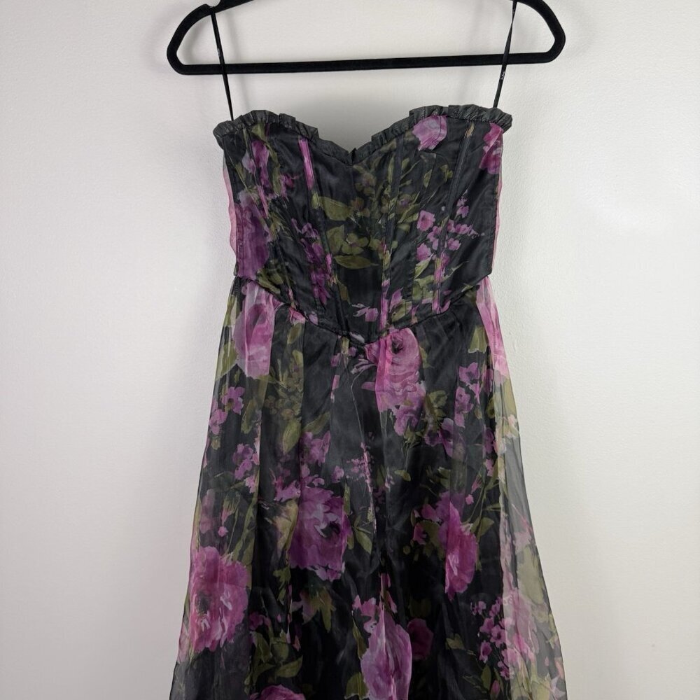Lulus Strapless Floral Maxi Dress Corset Bodice Black Purple Wedding Guest - Picture 4 of 10